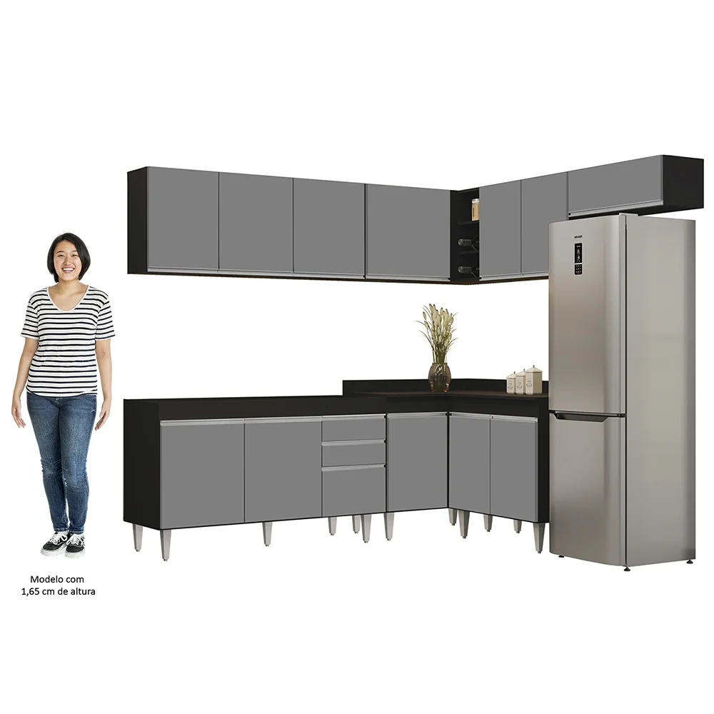 Armário de Cozinha Modulado de Canto 7 Peças CP22 Balcão sem Tampo Preto/Cinza - Lumil