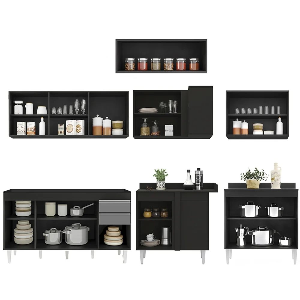 Armário de Cozinha Modulado de Canto 7 Peças CP22 Balcão sem Tampo Preto/Cinza - Lumil