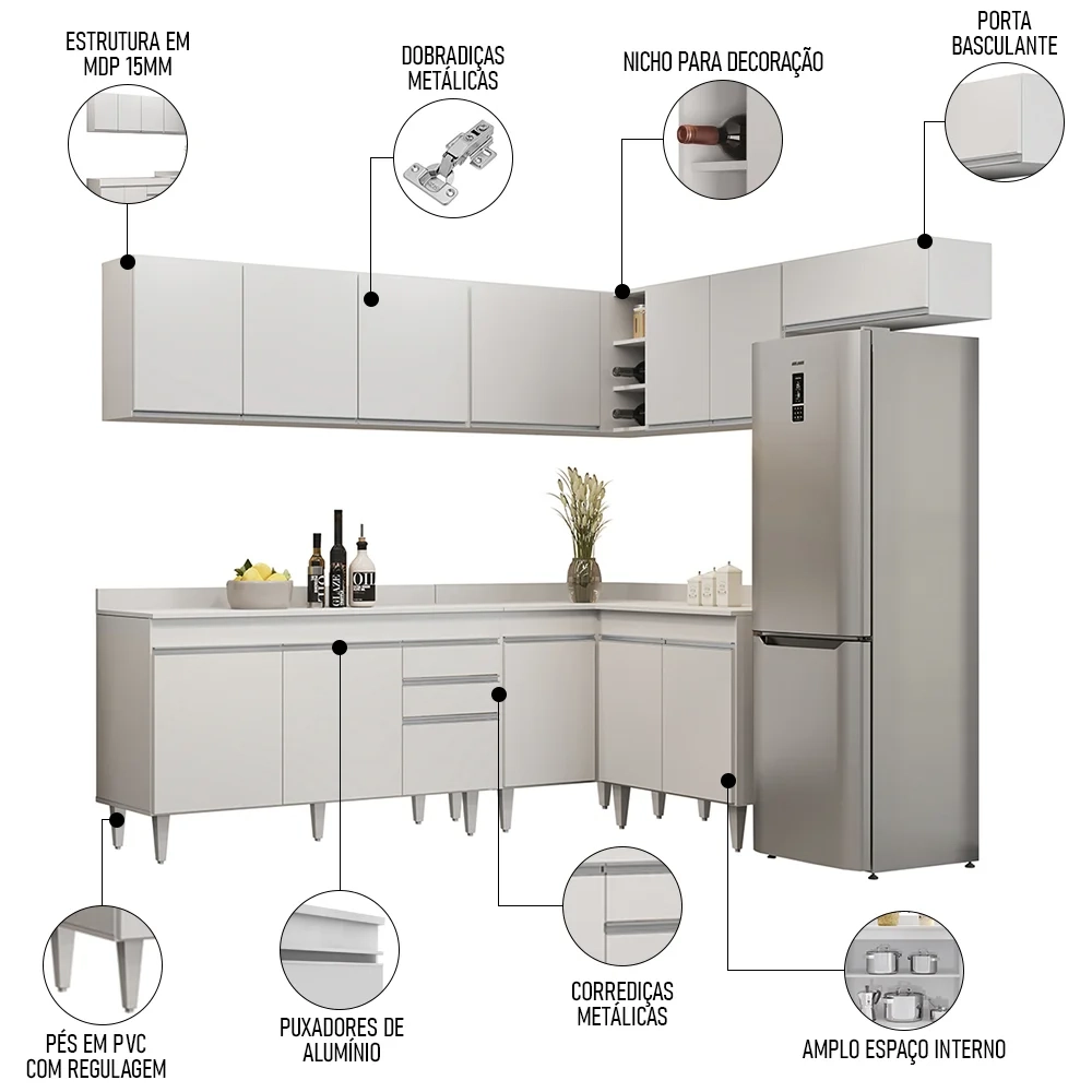 Armário de Cozinha Modulado de Canto 7 Peças CP23 Balcão com Tampo Branco - Lumil