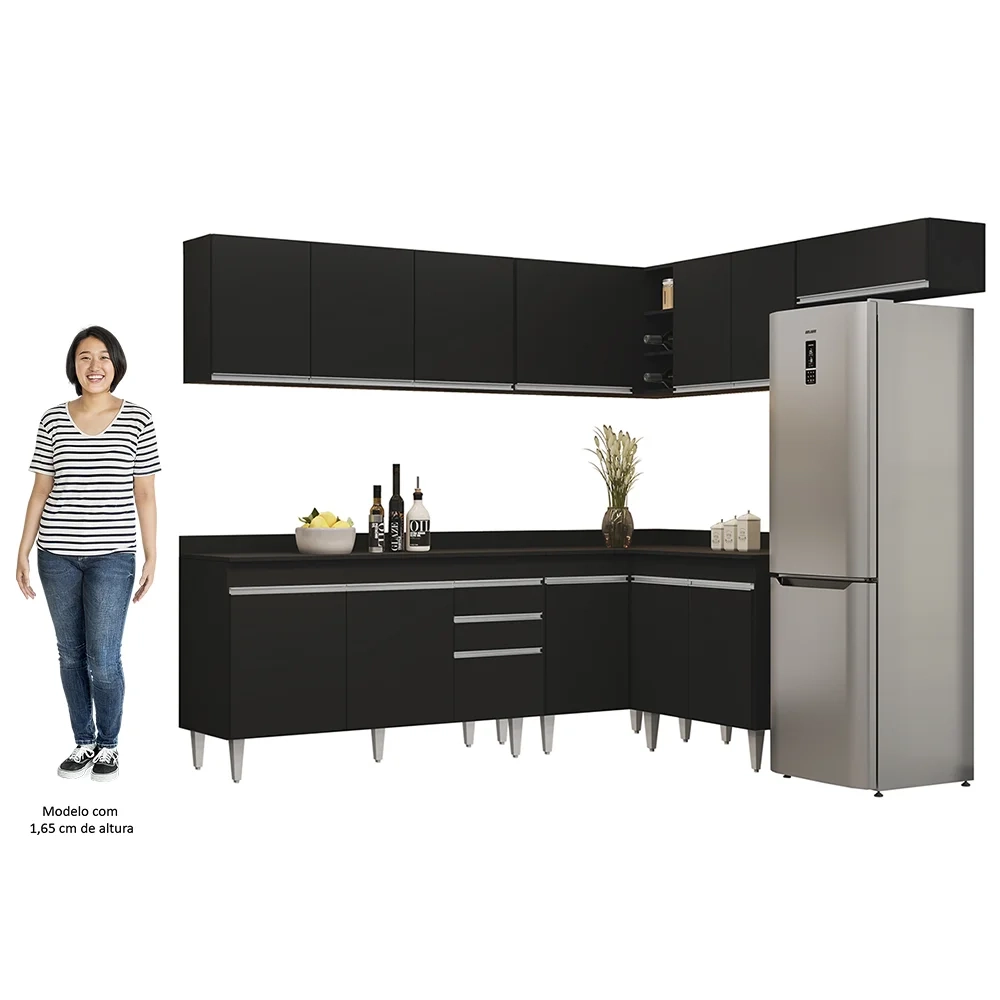 Armário de Cozinha Modulado de Canto 7 Peças CP23 Balcão com Tampo Preto - Lumil