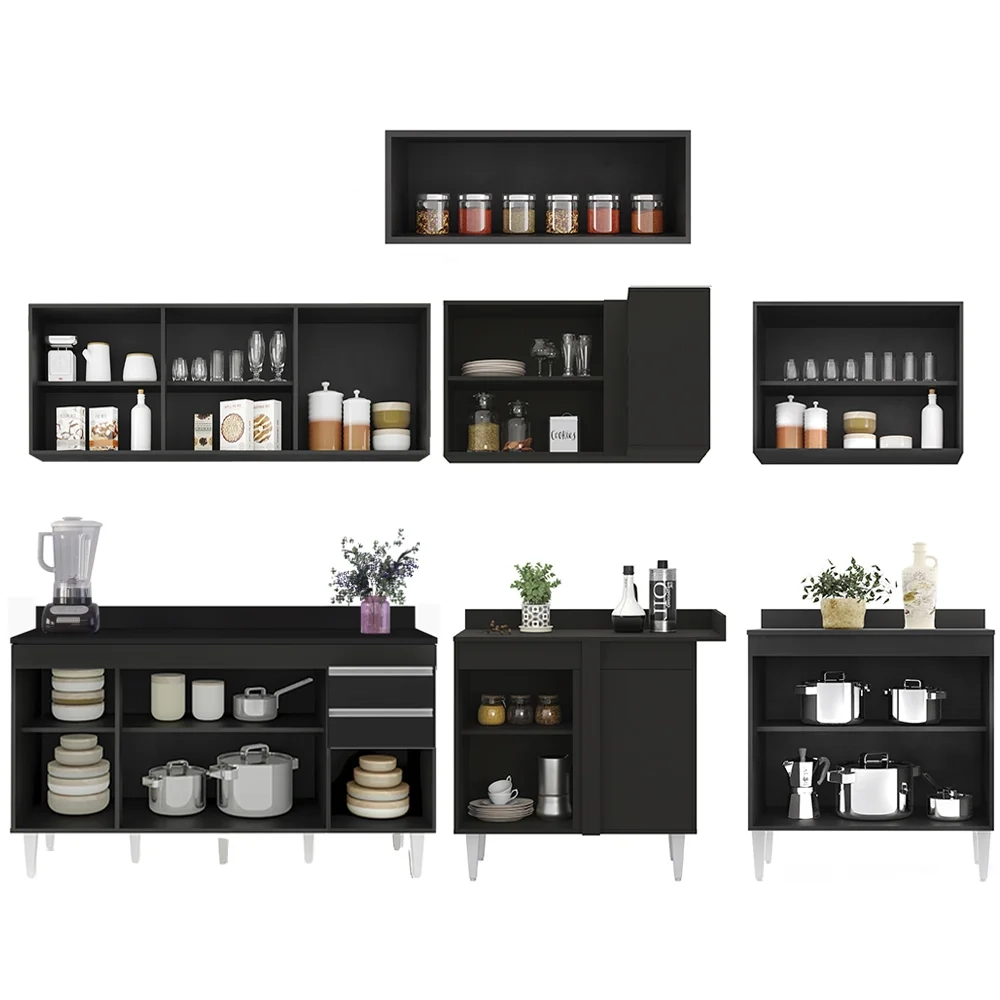Armário de Cozinha Modulado de Canto 7 Peças CP23 Balcão com Tampo Preto - Lumil