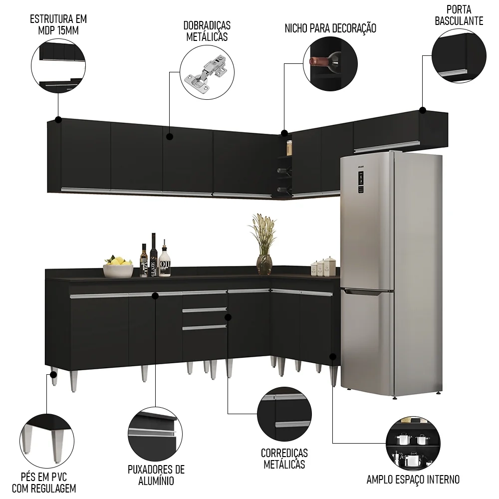 Armário de Cozinha Modulado de Canto 7 Peças CP23 Balcão com Tampo Preto - Lumil