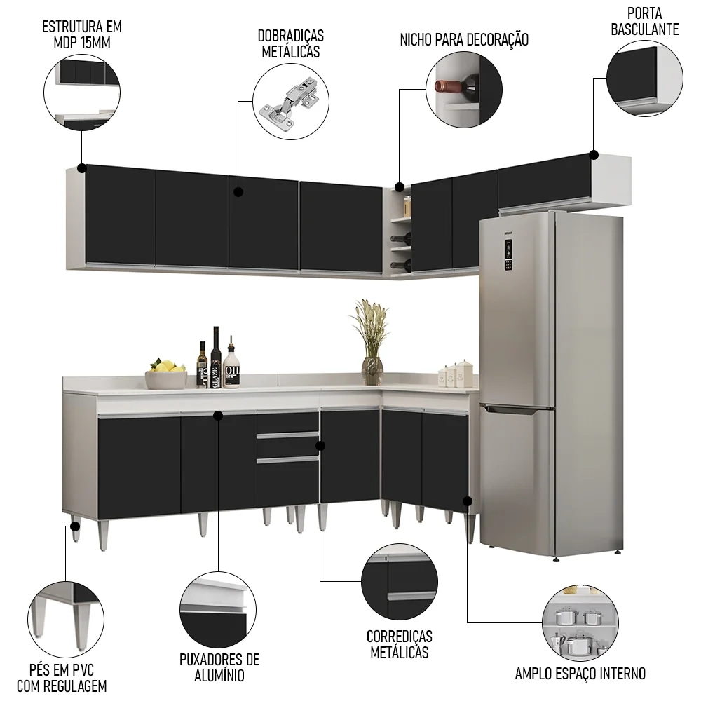 Armário de Cozinha Modulado de Canto 7 Peças CP23 Balcão com Tampo Branco/Preto - Lumil