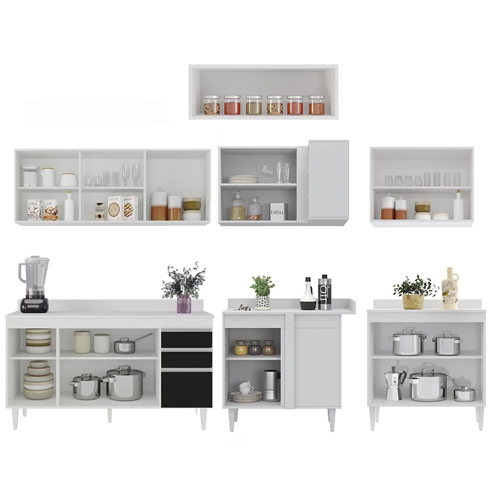 Armário de Cozinha Modulado de Canto 7 Peças CP23 Balcão com Tampo Branco/Preto - Lumil