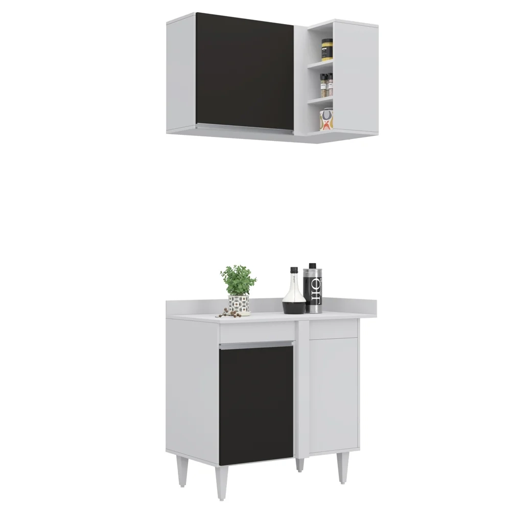 Armário de Cozinha Modulado de Canto 7 Peças CP23 Balcão com Tampo Branco/Preto - Lumil