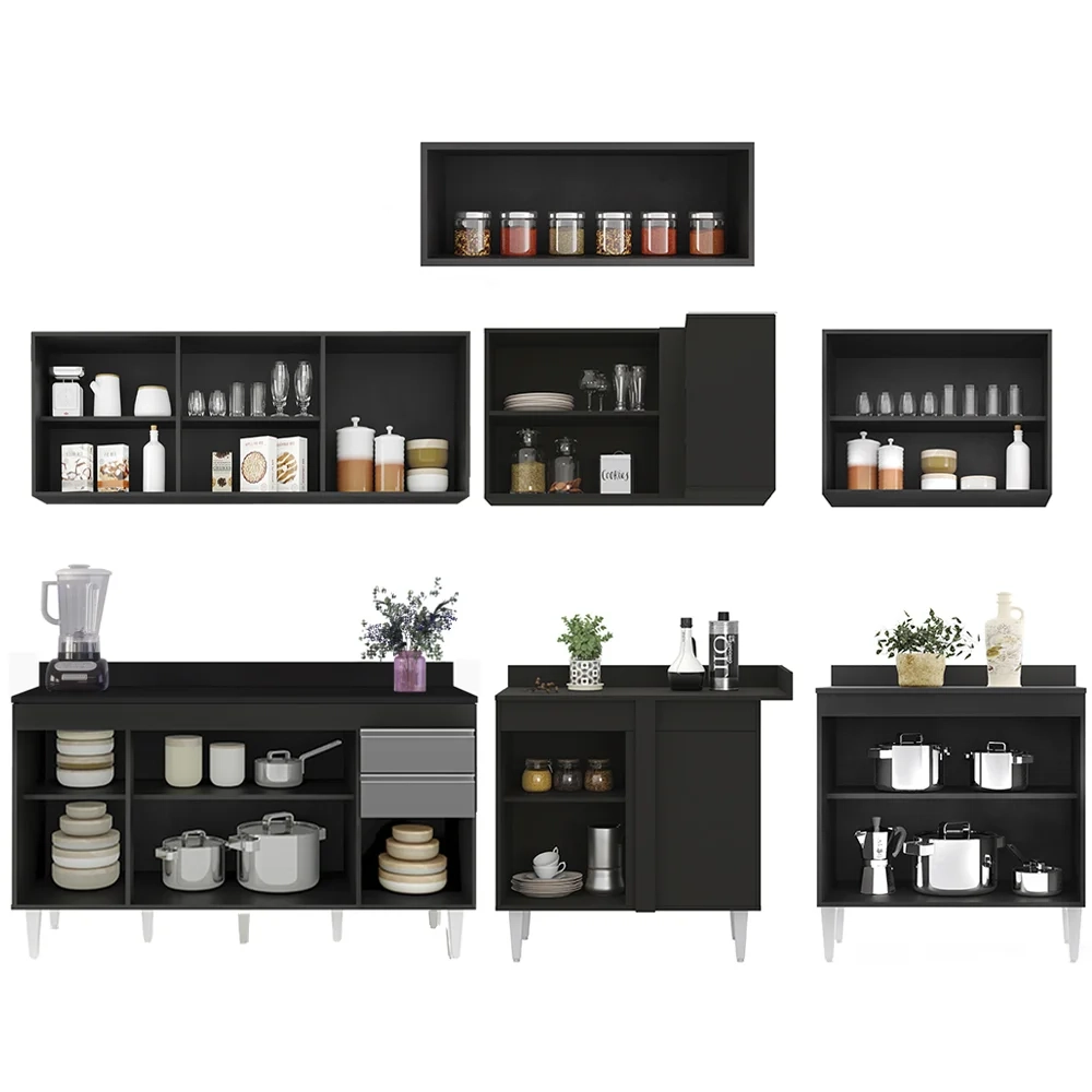Armário de Cozinha Modulado de Canto 7 Peças CP23 Balcão com Tampo Preto/Cinza - Lumil