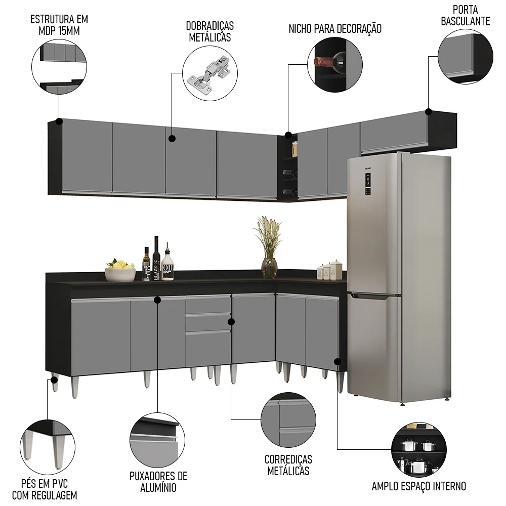 Armário de Cozinha Modulado de Canto 7 Peças CP23 Balcão com Tampo Preto/Cinza - Lumil