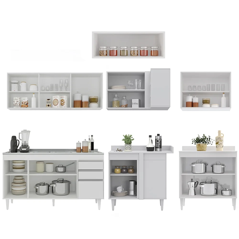 Armário de Cozinha Modulado de Canto 7 Peças CP24 com Pia Inox Branco - Lumil