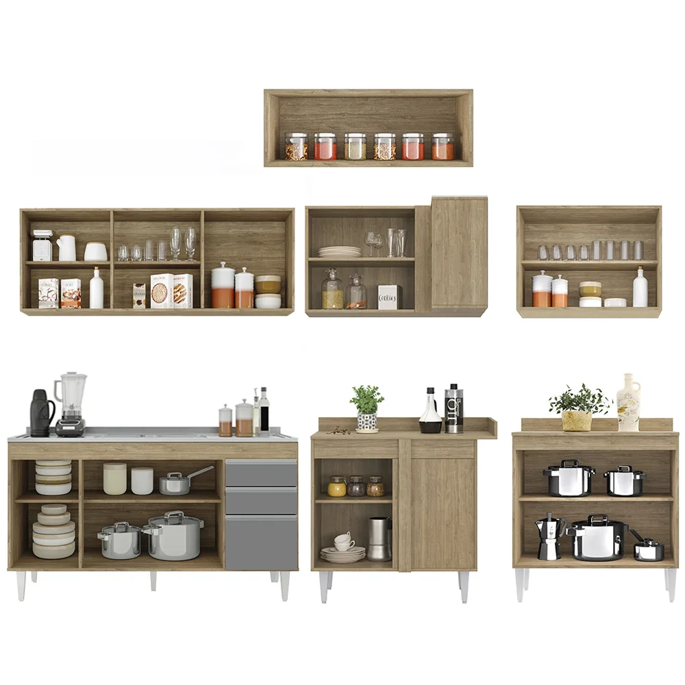 Armário de Cozinha Modulado de Canto 7 Peças CP24 com Pia Inox Castanho/Cinza - Lumil