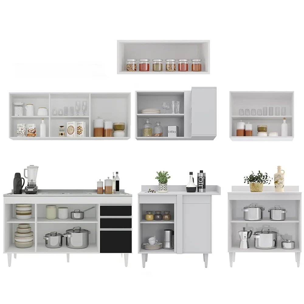 Armário de Cozinha Modulado de Canto 7 Peças CP24 com Pia Inox Branco/Preto - Lumil