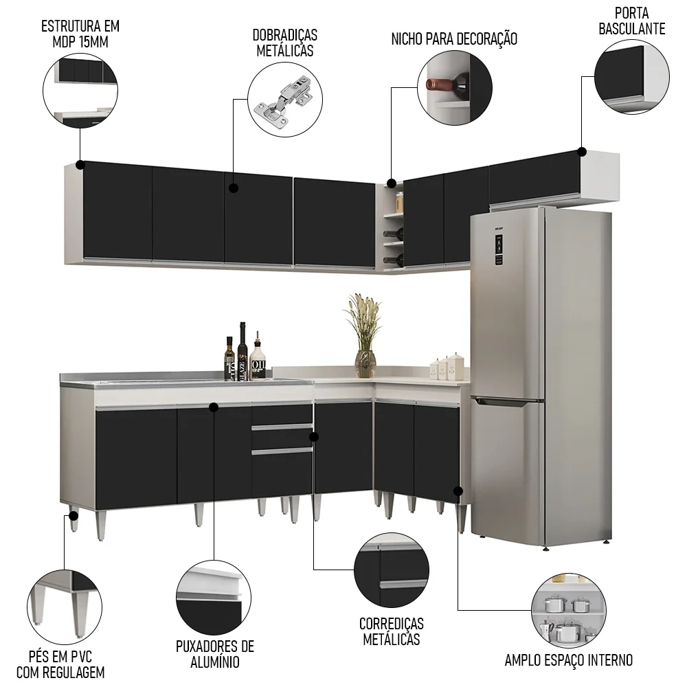 Armário de Cozinha Modulado de Canto 7 Peças CP24 com Pia Inox Branco/Preto - Lumil