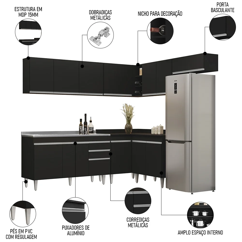 Armário de Cozinha Modulado de Canto 7 Peças CP24 com Pia Inox Preto - Lumil