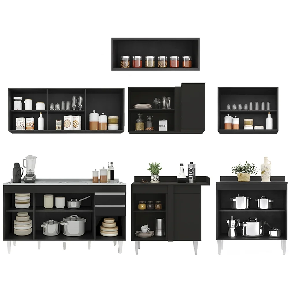 Armário de Cozinha Modulado de Canto 7 Peças CP24 com Pia Inox Preto - Lumil