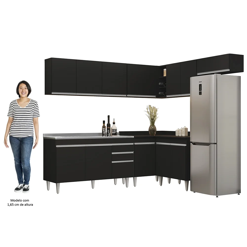 Armário de Cozinha Modulado de Canto 7 Peças CP24 com Pia Inox Preto - Lumil