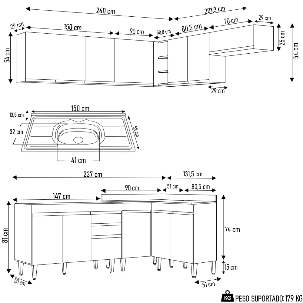Armário de Cozinha Modulado de Canto 7 Peças CP24 com Pia Inox Preto/Cinza - Lumil