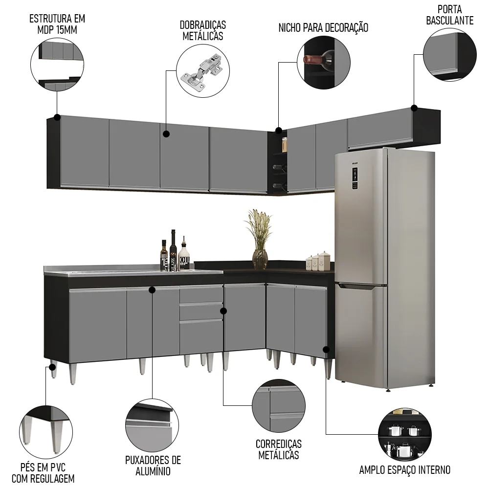 Armário de Cozinha Modulado de Canto 7 Peças CP24 com Pia Inox Preto/Cinza - Lumil