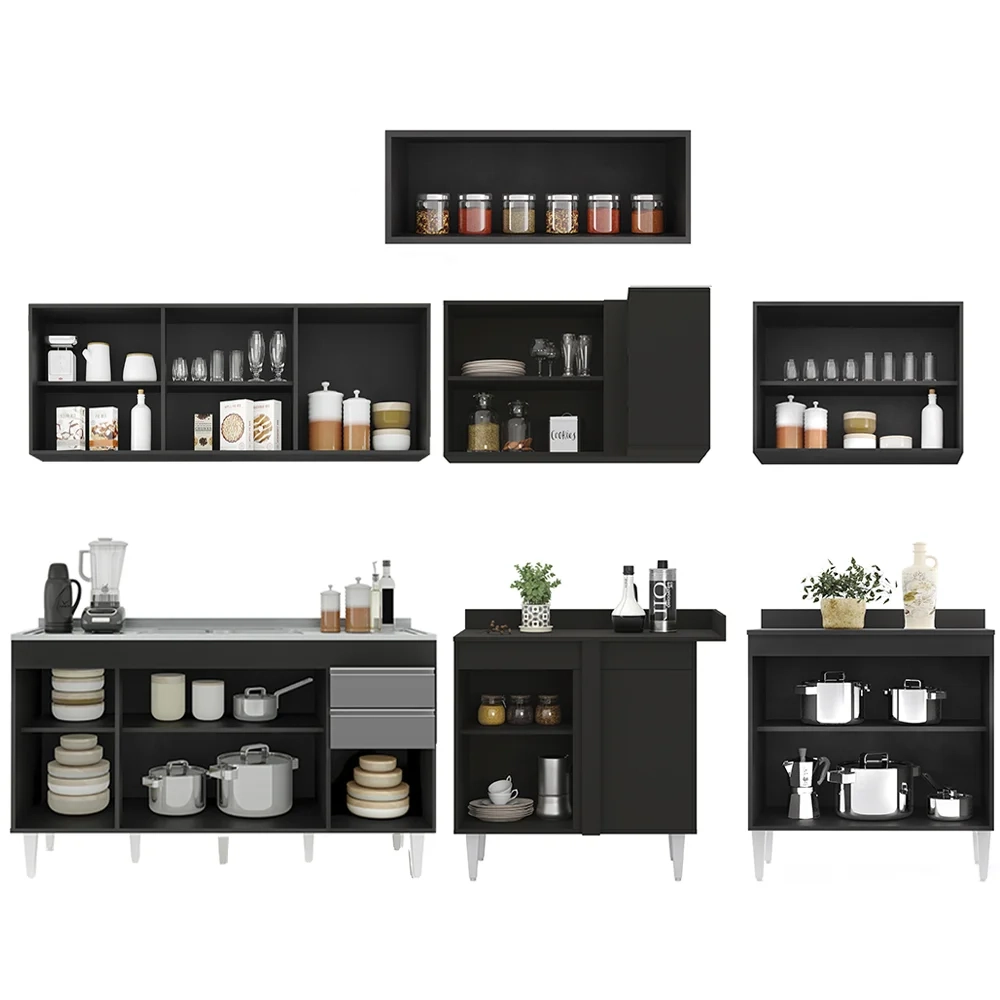Armário de Cozinha Modulado de Canto 7 Peças CP24 com Pia Inox Preto/Cinza - Lumil