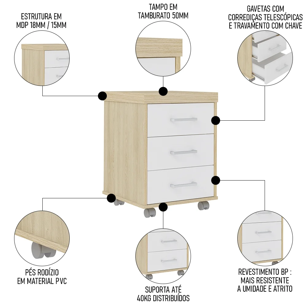 Conjunto Escritório Home Office 4 Peças Mesa Diretor Corp A06 Carvalho/Branco - Mpozenato