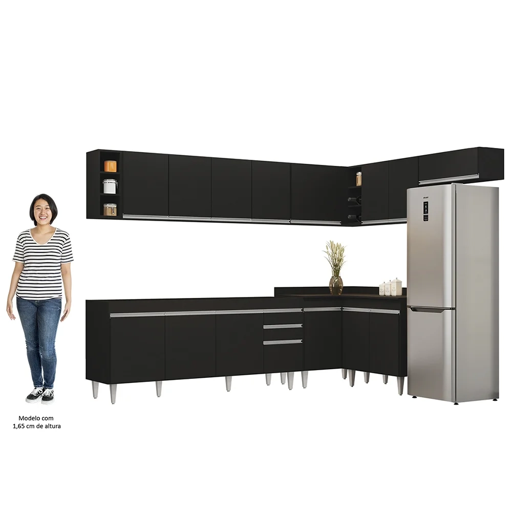 Armário de Cozinha Modulado de Canto 8 Peças CP25 Balcão sem Tampo Preto - Lumil