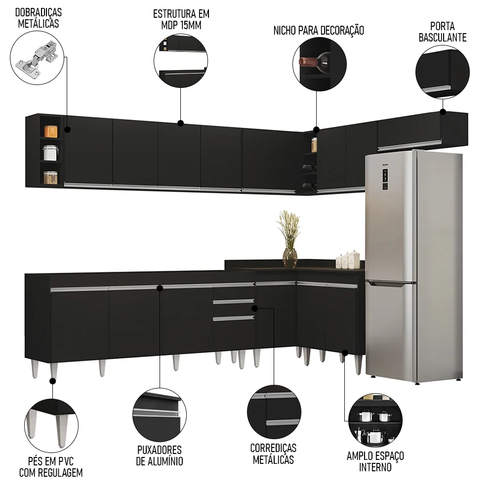 Armário de Cozinha Modulado de Canto 8 Peças CP25 Balcão sem Tampo Preto - Lumil
