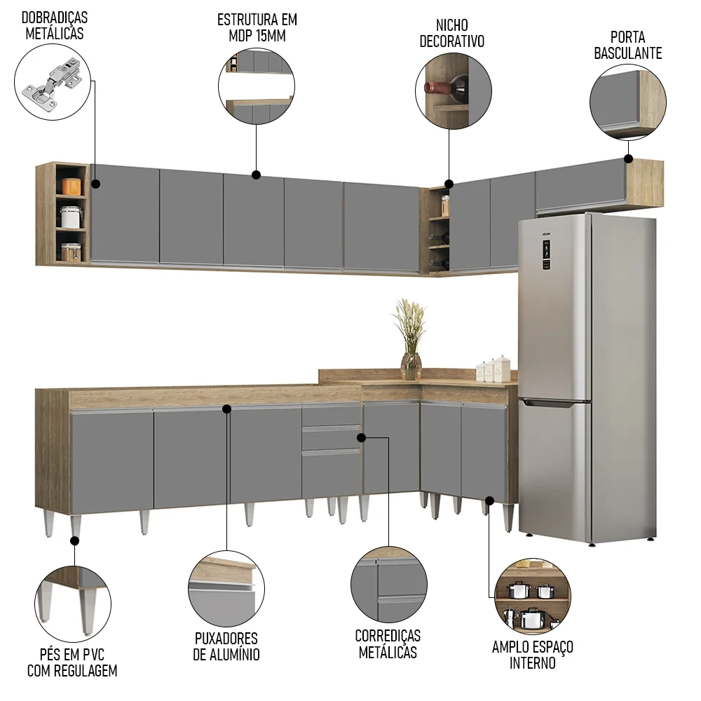 Armário de Cozinha Modulado de Canto 8 Peças CP25 Balcão sem Tampo Castanho/Cinza - Lumil