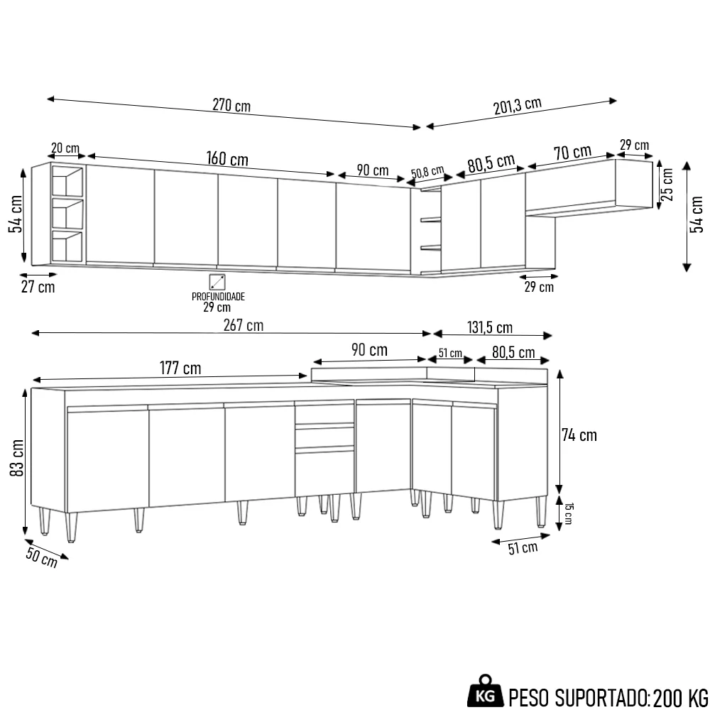 Armário de Cozinha Modulado de Canto 8 Peças CP25 Balcão sem Tampo Castanho/Cinza - Lumil
