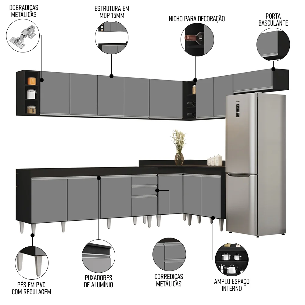 Armário de Cozinha Modulado de Canto 8 Peças CP25 Balcão sem Tampo Preto/Cinza - Lumil