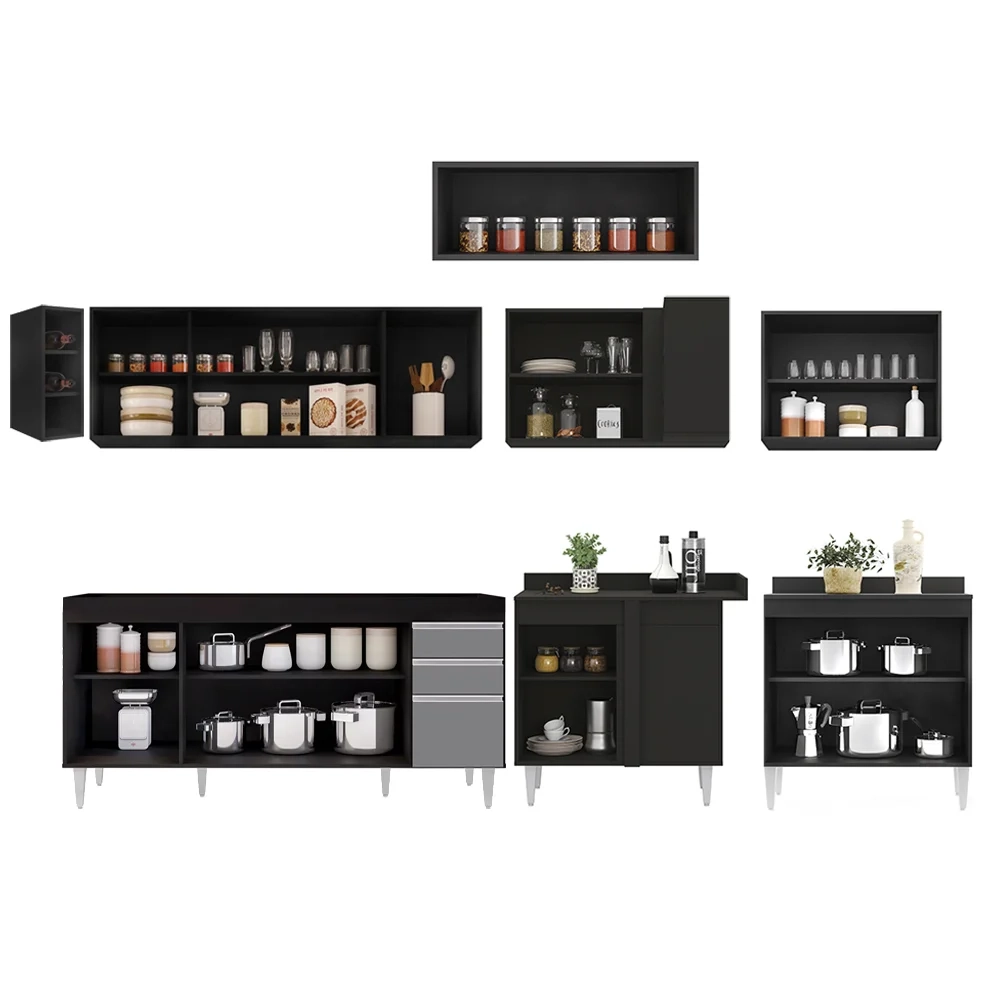 Armário de Cozinha Modulado de Canto 8 Peças CP25 Balcão sem Tampo Preto/Cinza - Lumil