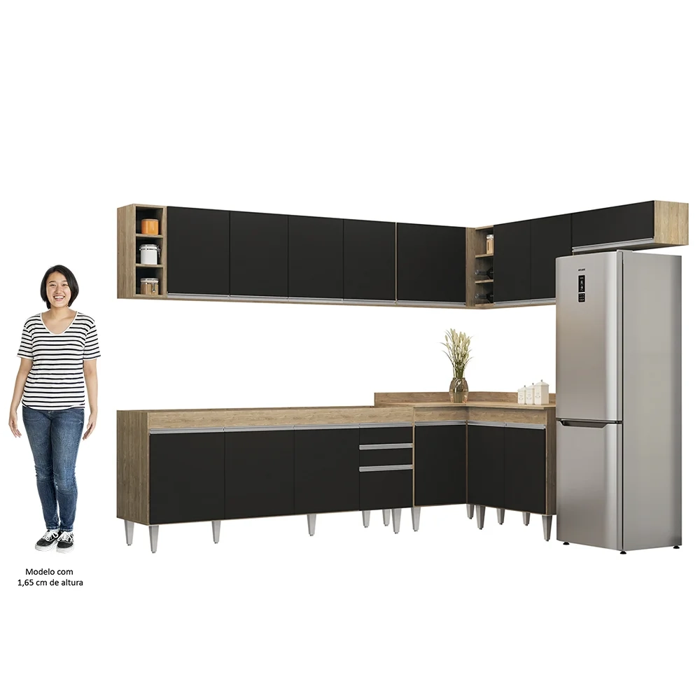 Armário de Cozinha Modulado de Canto 8 Peças CP25 Balcão sem Tampo Castanho/Preto - Lumil