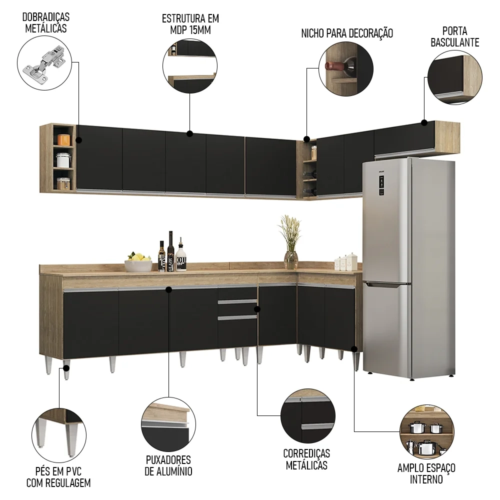 Armário de Cozinha Modulado de Canto 8 Peças CP25 Balcão sem Tampo Castanho/Preto - Lumil