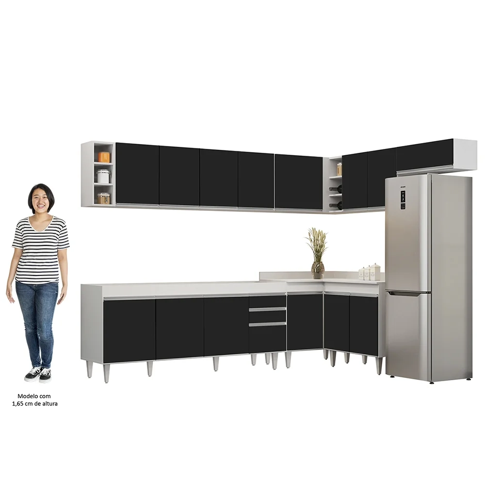 Armário de Cozinha Modulado de Canto 8 Peças CP25 Balcão sem Tampo Branco/Preto - Lumil