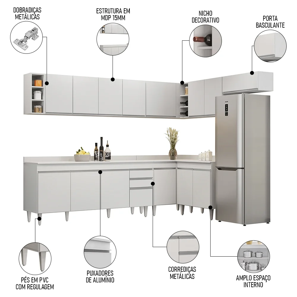 Armário de Cozinha Modulado de Canto 8 Peças CP26 Balcão com Tampo Branco - Lumil