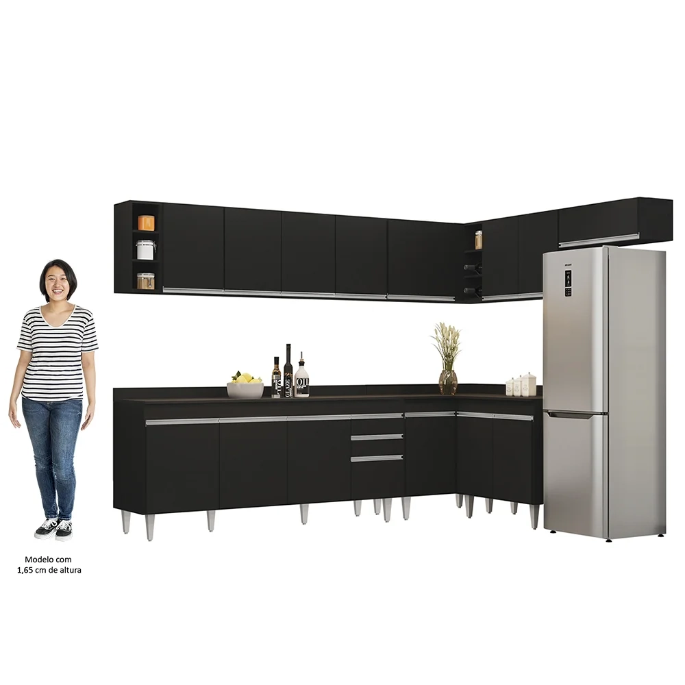 Armário de Cozinha Modulado de Canto 8 Peças CP26 Balcão com Tampo Preto - Lumil