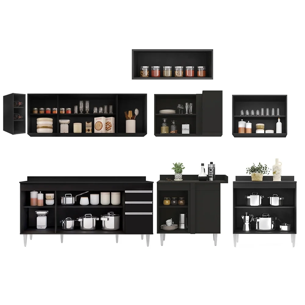 Armário de Cozinha Modulado de Canto 8 Peças CP26 Balcão com Tampo Preto - Lumil