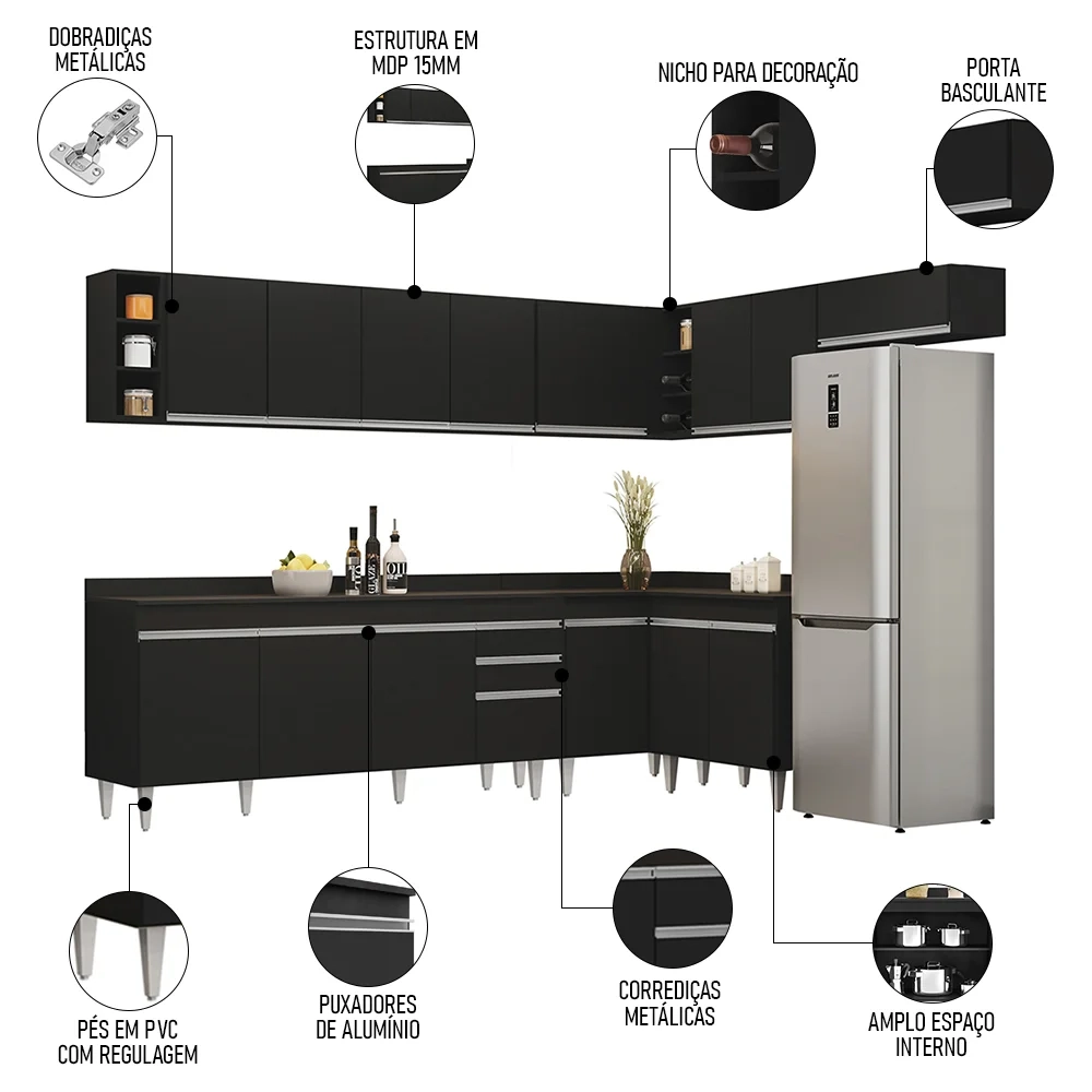 Armário de Cozinha Modulado de Canto 8 Peças CP26 Balcão com Tampo Preto - Lumil