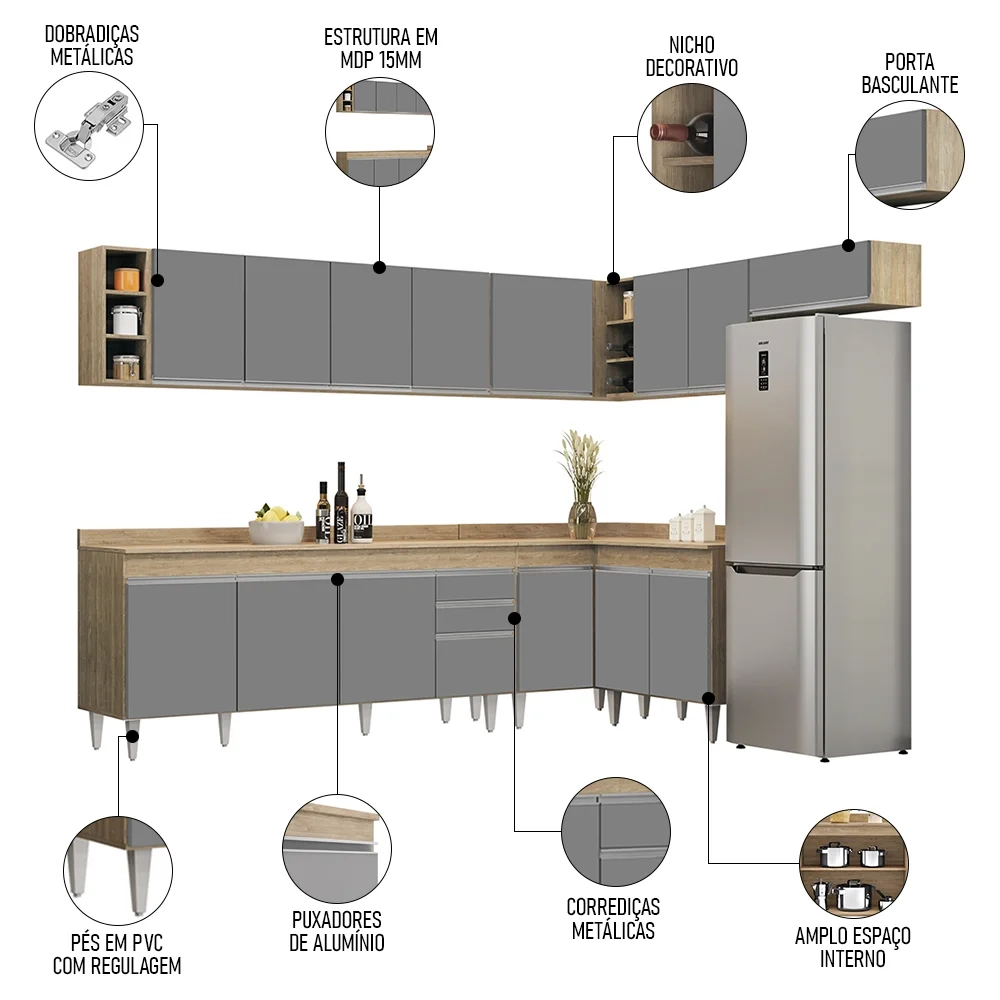 Armário de Cozinha Modulado de Canto 8 Peças CP26 Balcão com Tampo Castanho/Cinza - Lumil