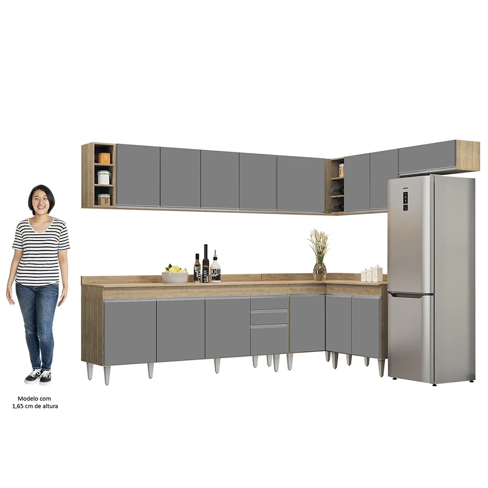 Armário de Cozinha Modulado de Canto 8 Peças CP26 Balcão com Tampo Castanho/Cinza - Lumil