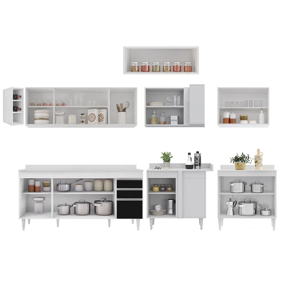 Armário de Cozinha Modulado de Canto 8 Peças CP26 Balcão com Tampo Branco/Preto - Lumil