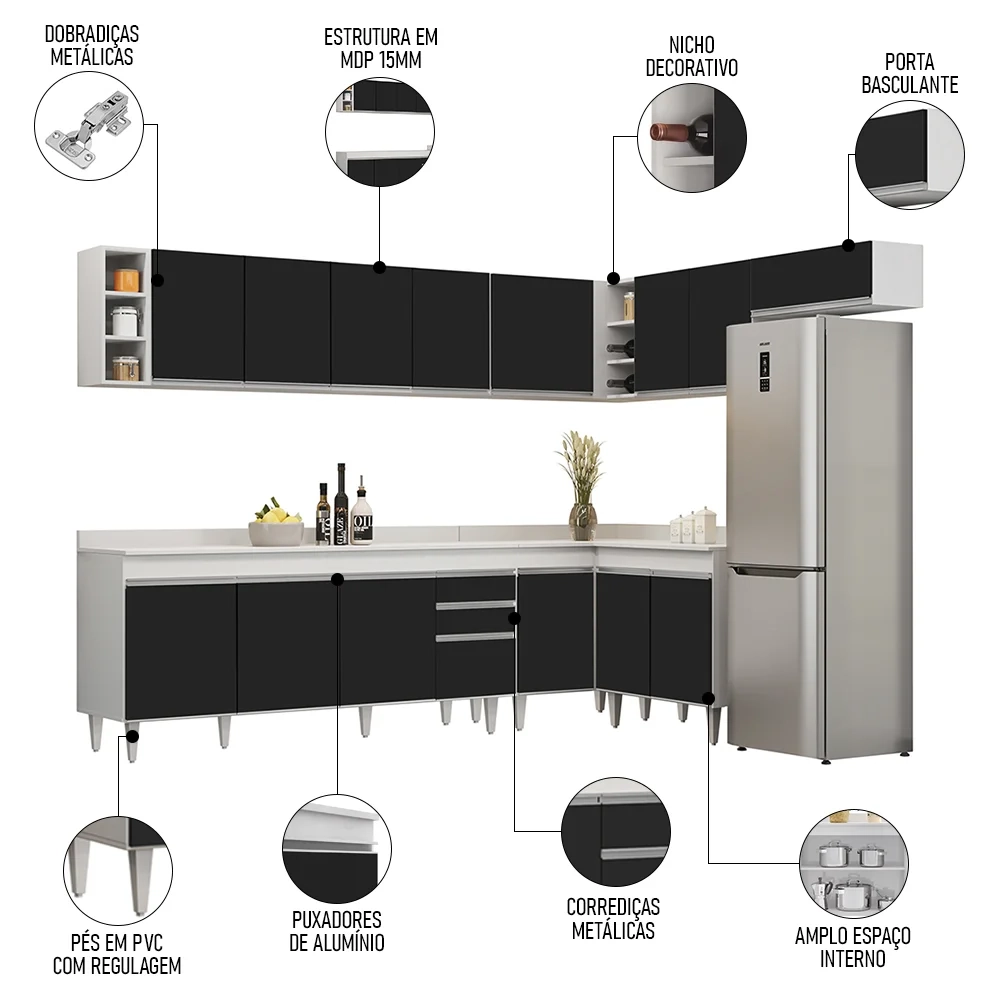 Armário de Cozinha Modulado de Canto 8 Peças CP26 Balcão com Tampo Branco/Preto - Lumil