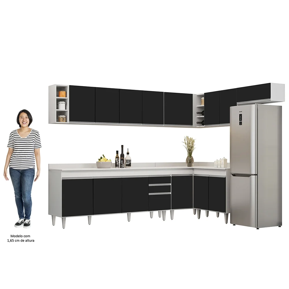 Armário de Cozinha Modulado de Canto 8 Peças CP26 Balcão com Tampo Branco/Preto - Lumil