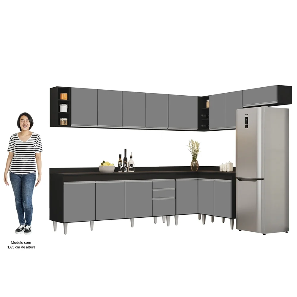 Armário de Cozinha Modulado de Canto 8 Peças CP26 Balcão com Tampo Preto/Cinza - Lumil