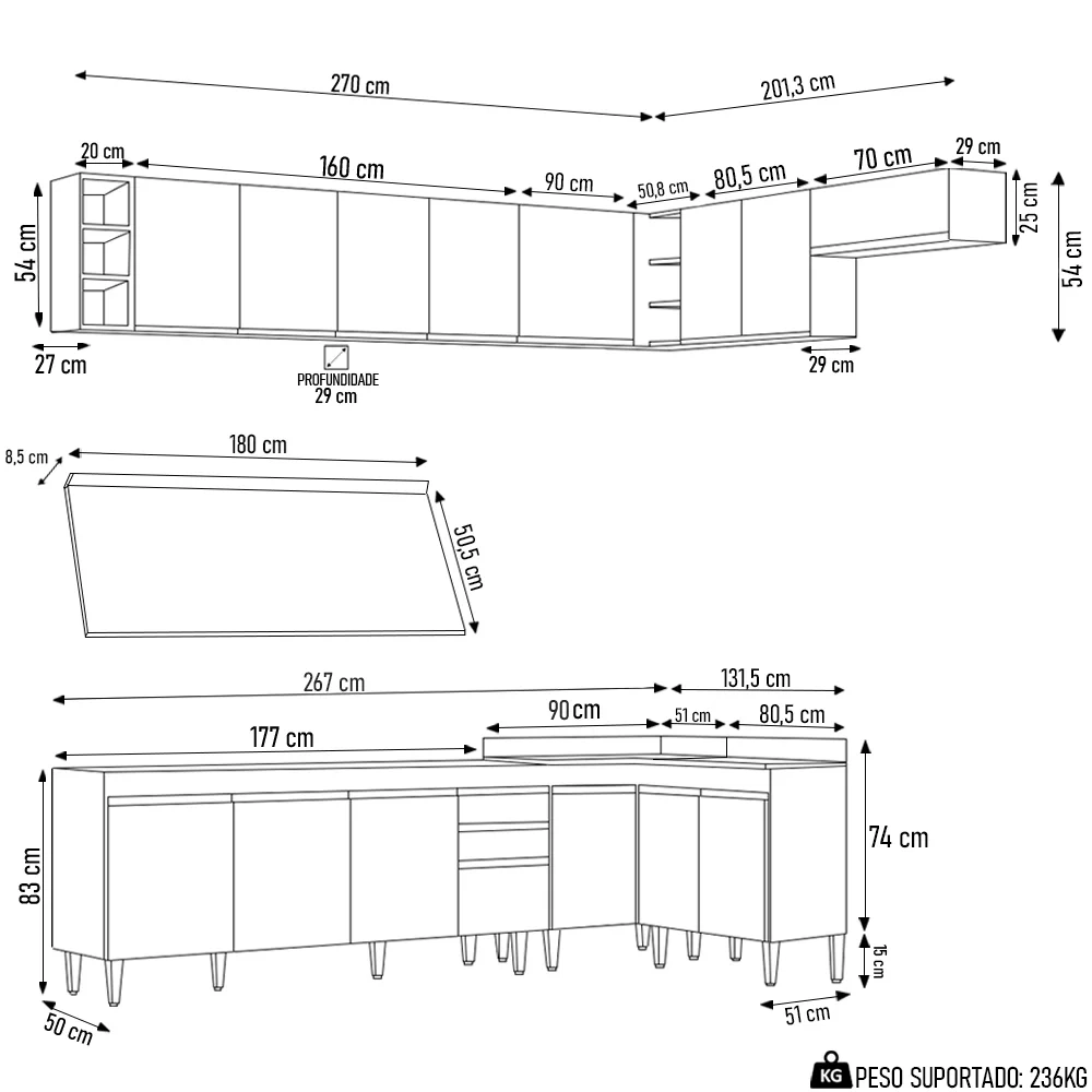 Armário de Cozinha Modulado de Canto 8 Peças CP26 Balcão com Tampo Preto/Cinza - Lumil