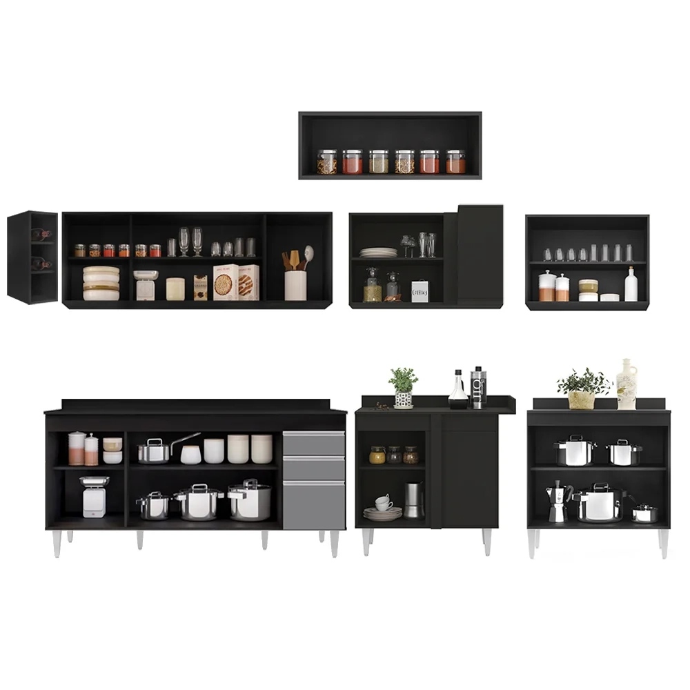 Armário de Cozinha Modulado de Canto 8 Peças CP26 Balcão com Tampo Preto/Cinza - Lumil