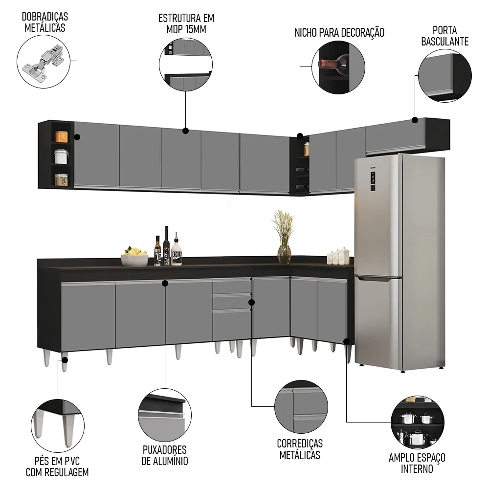 Armário de Cozinha Modulado de Canto 8 Peças CP26 Balcão com Tampo Preto/Cinza - Lumil