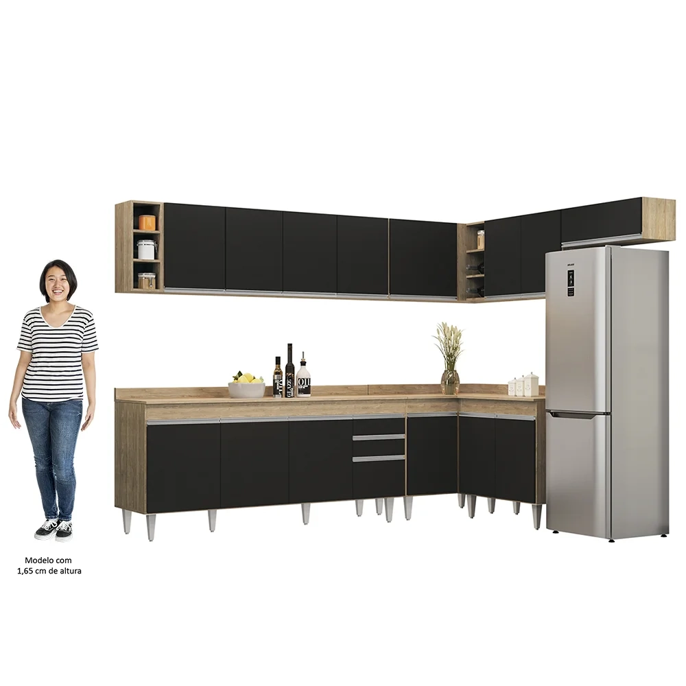 Armário de Cozinha Modulado de Canto 8 Peças CP26 Balcão com Tampo Castanho/Preto - Lumil