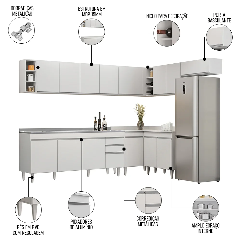 Armário de Cozinha Modulado de Canto 8 Peças CP27 com Pia Inox Branco - Lumil
