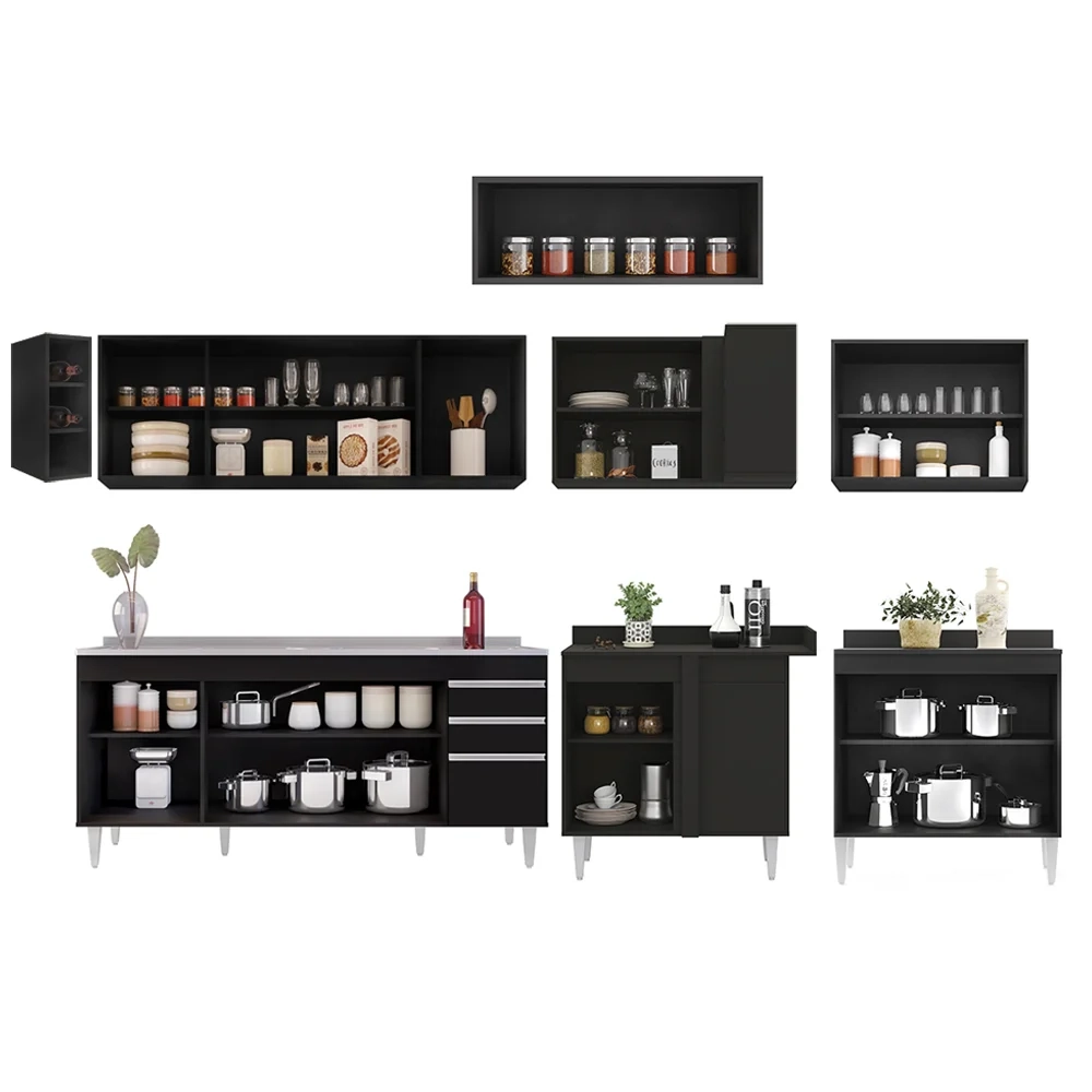 Armário de Cozinha Modulado de Canto 8 Peças CP27 com Pia Inox Preto - Lumil