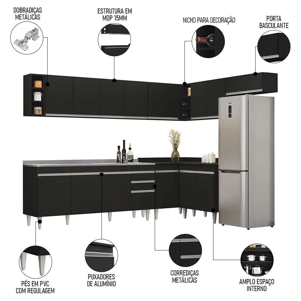 Armário de Cozinha Modulado de Canto 8 Peças CP27 com Pia Inox Preto - Lumil