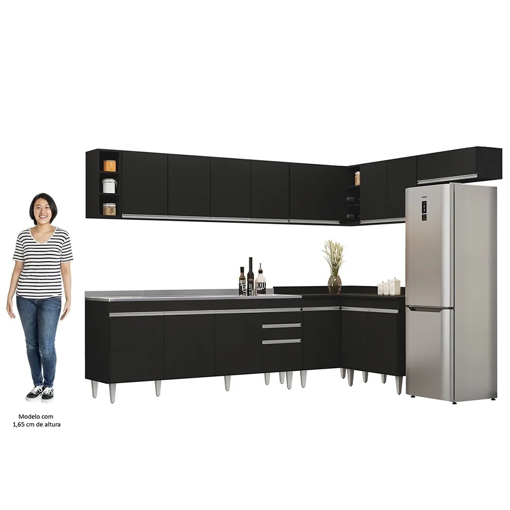Armário de Cozinha Modulado de Canto 8 Peças CP27 com Pia Inox Preto - Lumil