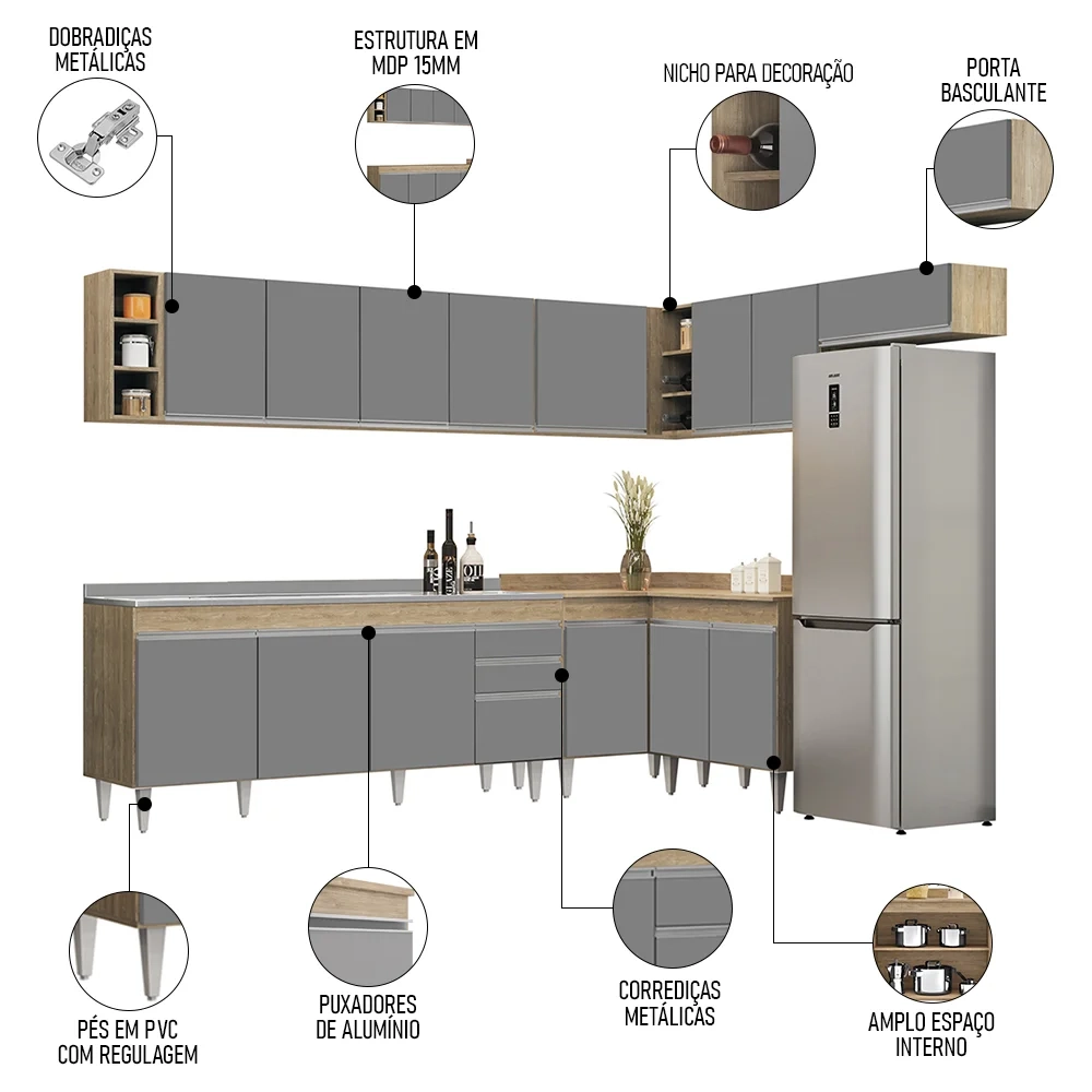 Armário de Cozinha Modulado de Canto 8 Peças CP27 com Pia Inox Castanho/Cinza - Lumil